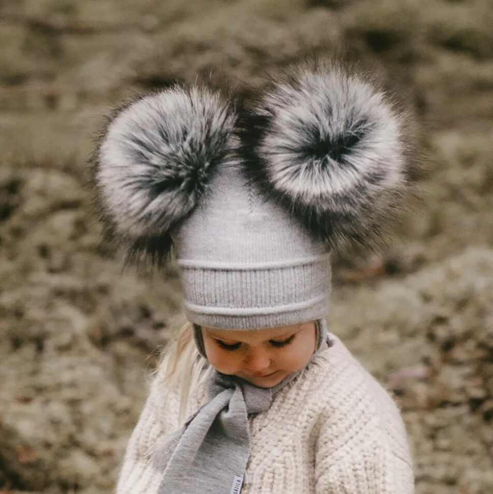 Grey Tindra Double Pom-Pom Hat