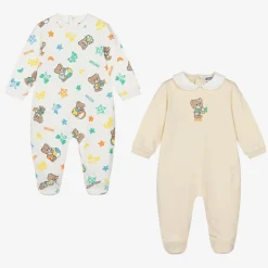 Ivory & Beige Teddy Bear Cotton Babygrows (2 Pack)