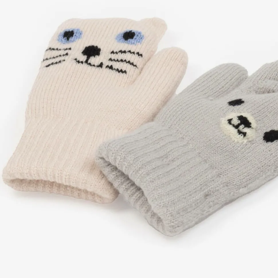 Ivory & Grey Knitted Animal Mittens (2 Pack)