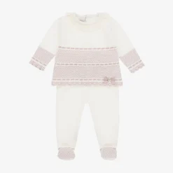 Ivory & Pink Merino Wool Knitted 2 Piece Babygrow