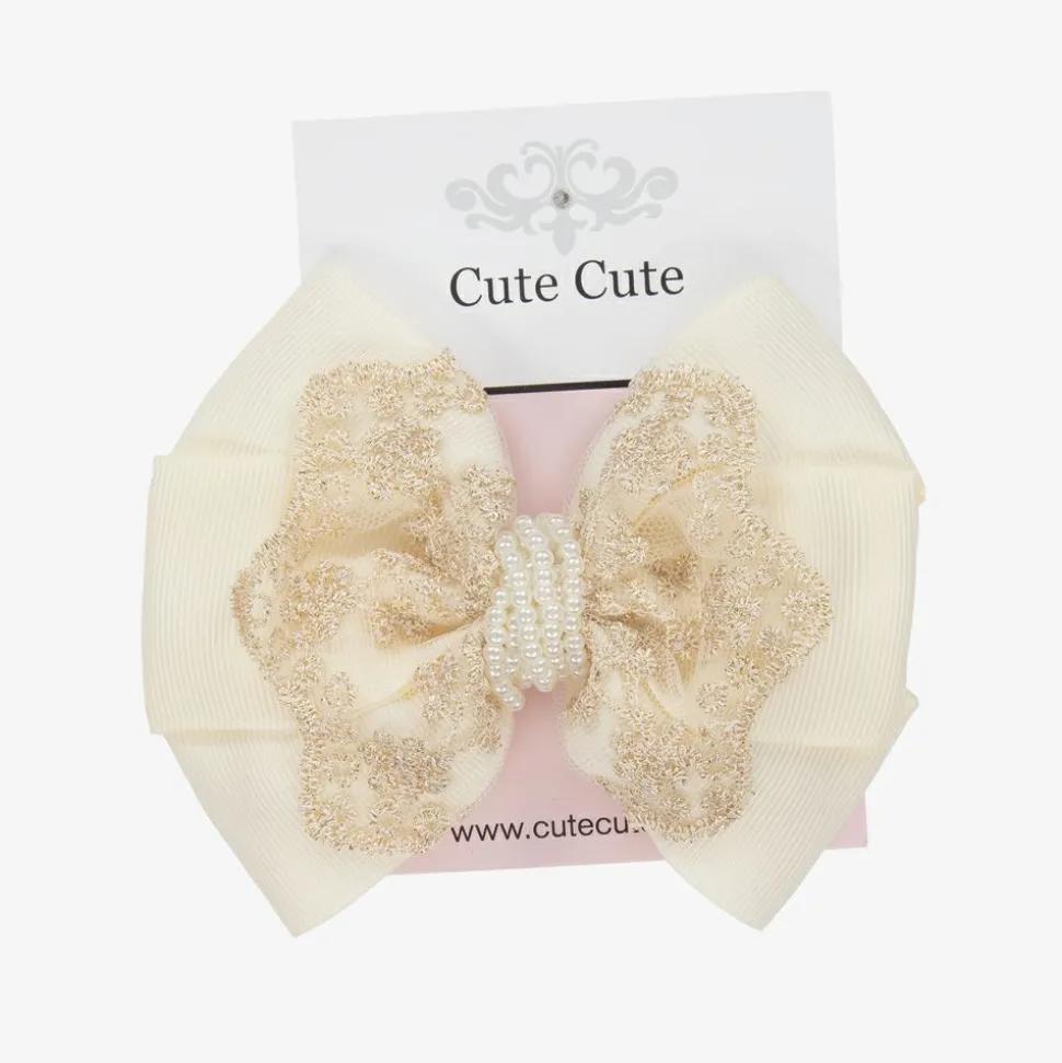 Ivory & Gold Bow Clip (11cm)