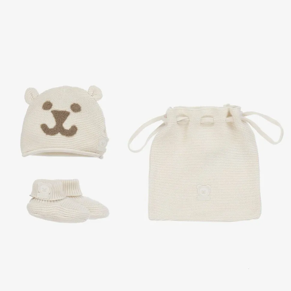 Ivory Cotton Knit Baby Hat & Booties Set
