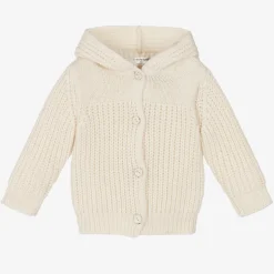 Ivory Wool Knit Hooded Baby Cardigan