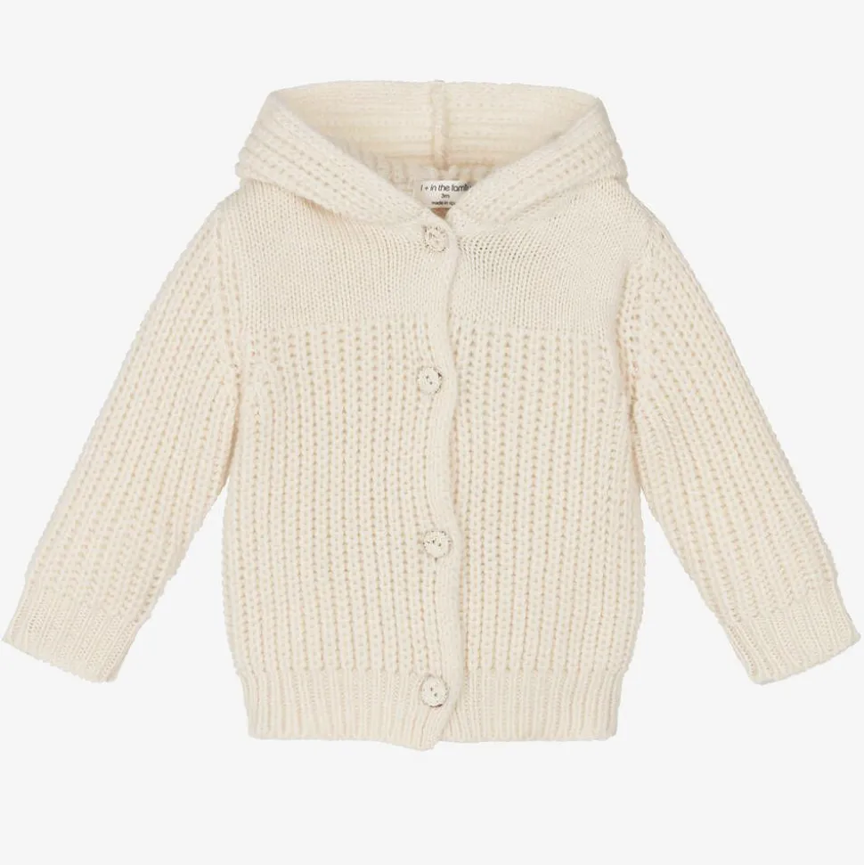 Ivory Wool Knit Hooded Baby Cardigan