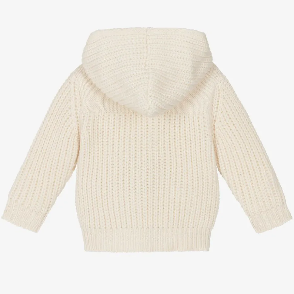 Ivory Wool Knit Hooded Baby Cardigan
