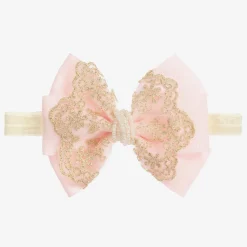 Large Pink Bow with Gold Lace & Pearls Headband