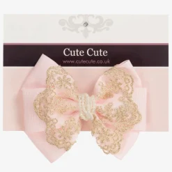 Large Pink Bow with Gold Lace & Pearls Headband