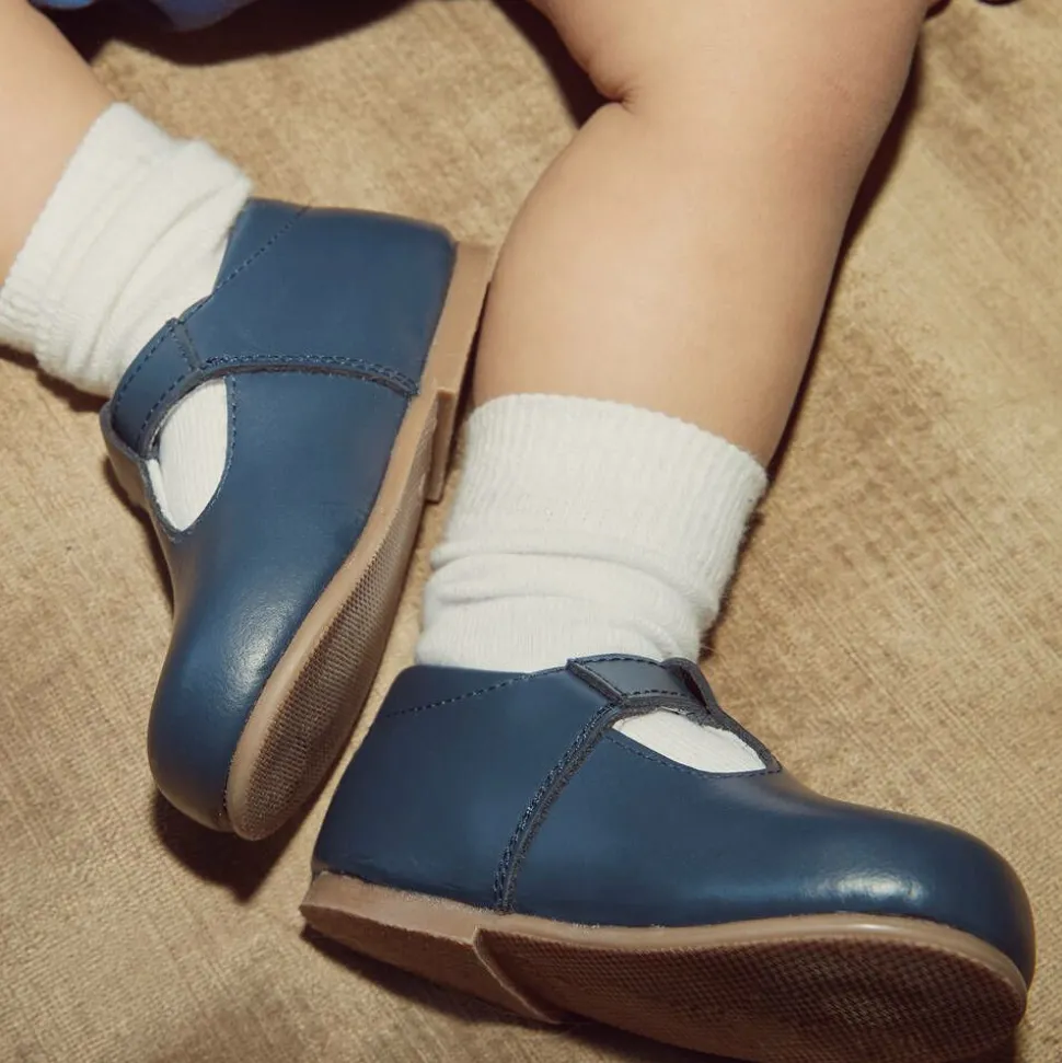 Navy Blue Leather T-Bar Shoes