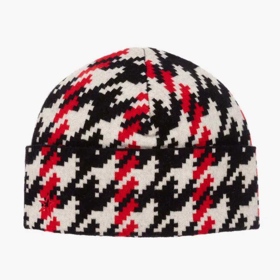 Red & Black Merino Wool Houndstooth Beanie