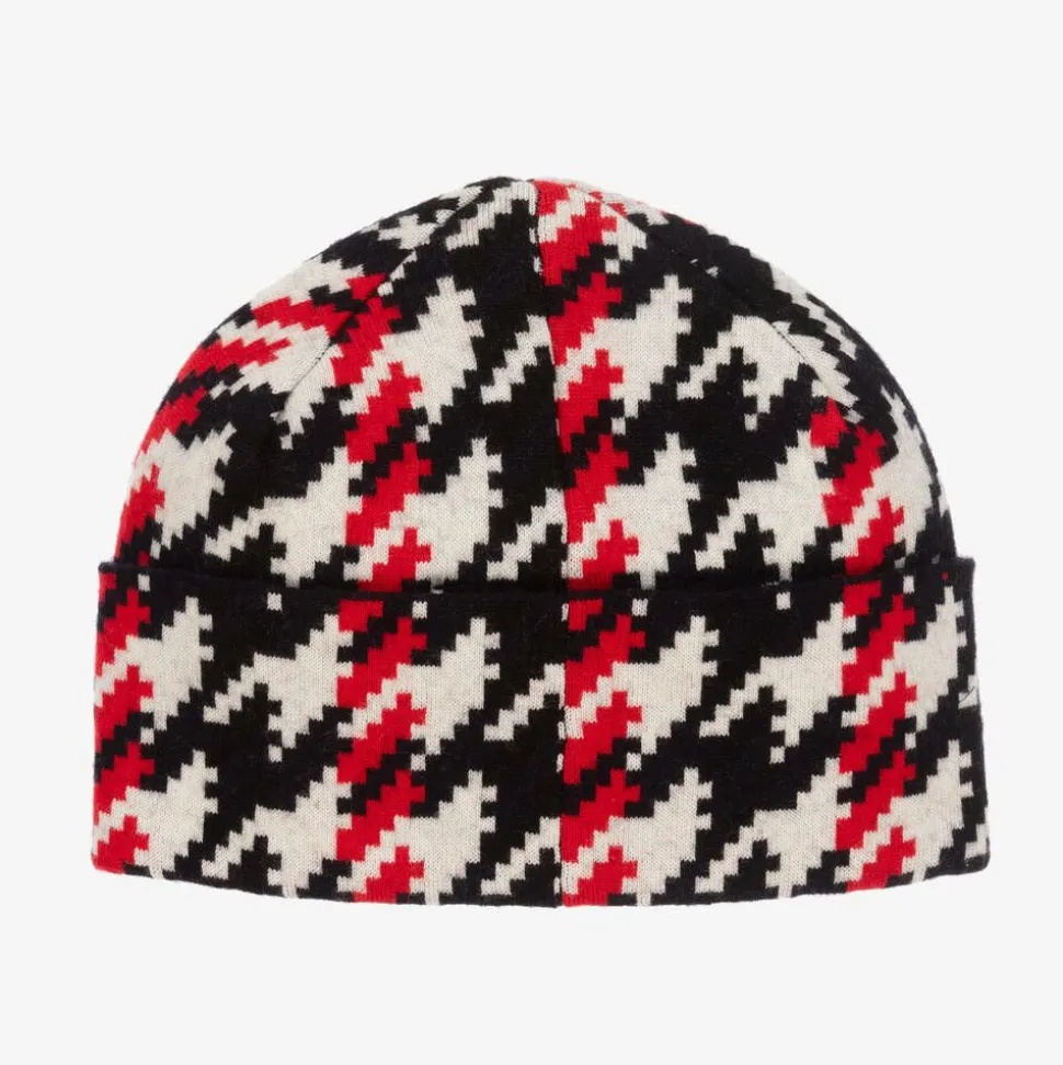 Red & Black Merino Wool Houndstooth Beanie