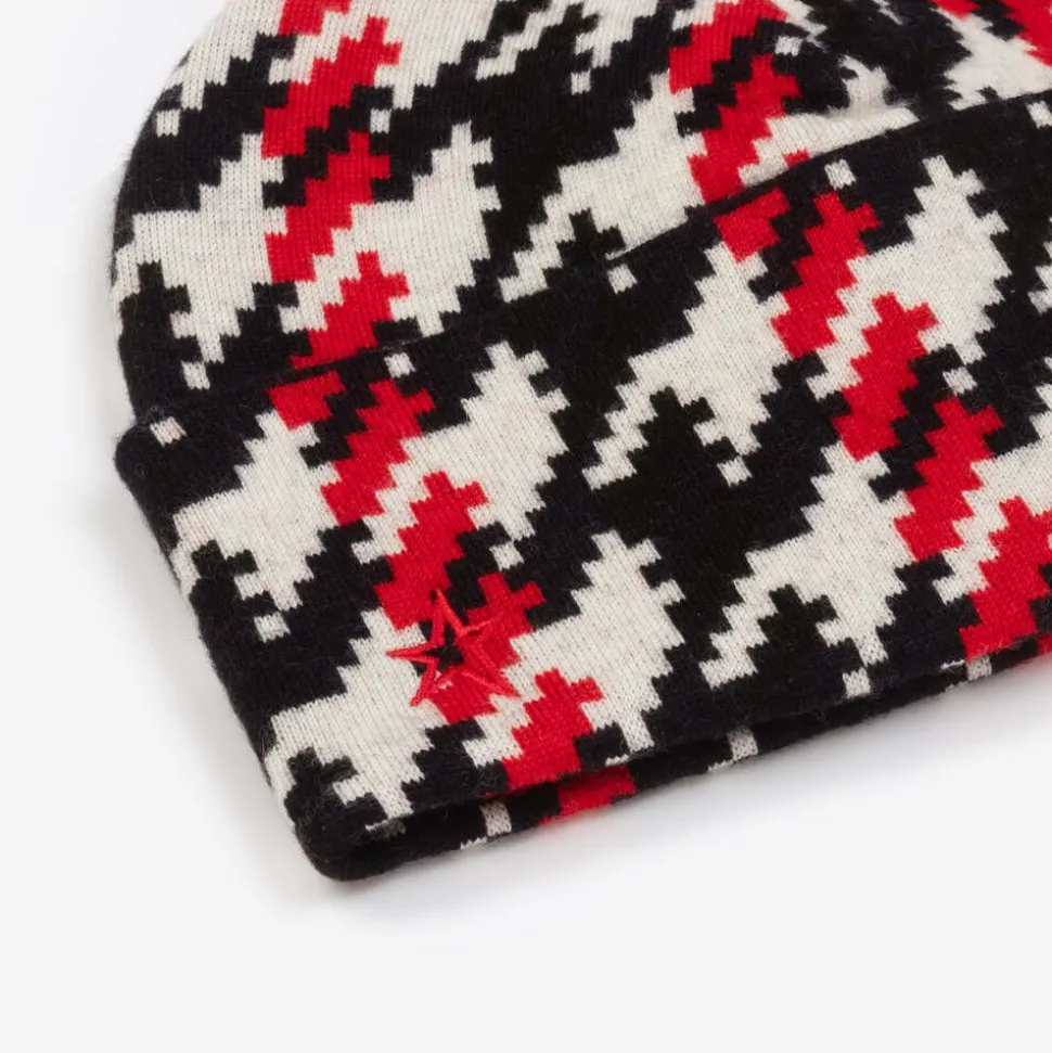 Red & Black Merino Wool Houndstooth Beanie