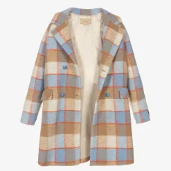 Teen Boys Beige & Blue Check Wool Coat