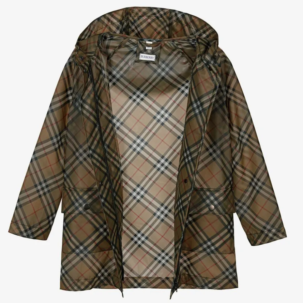 Teen Girls Beige Vintage Check Raincoat