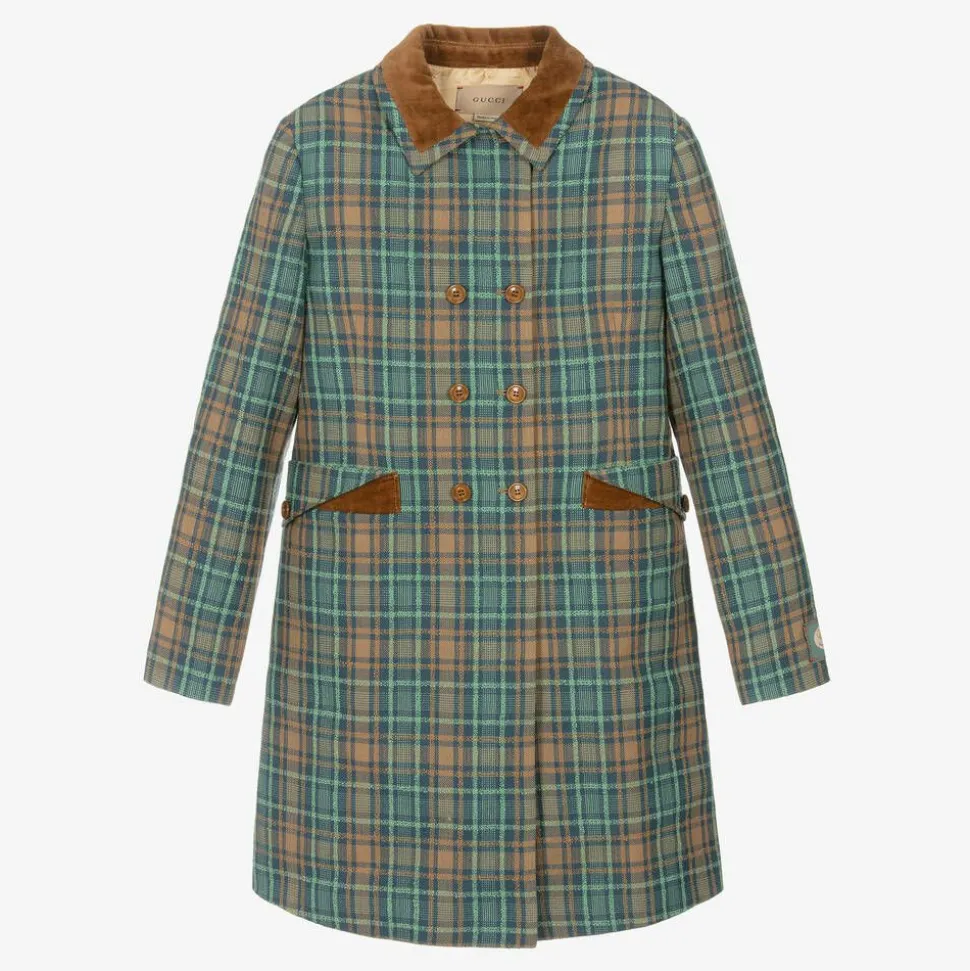 Teen Girls Blue & Brown Wool Check Coat