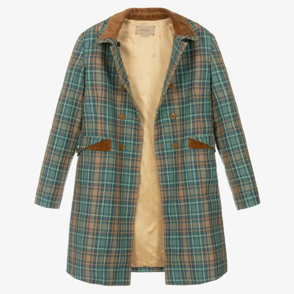 Teen Girls Blue & Brown Wool Check Coat