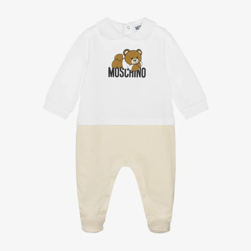 White & Beige Organic Cotton Babygrow