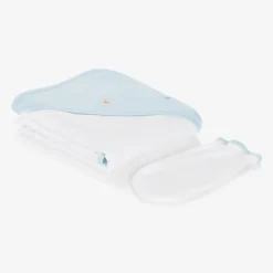 White & Blue Cotton Hooded Towel & Mitt Set