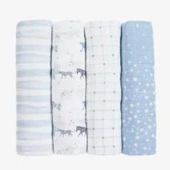 White & Blue Muslin Swaddles (4 Pack)