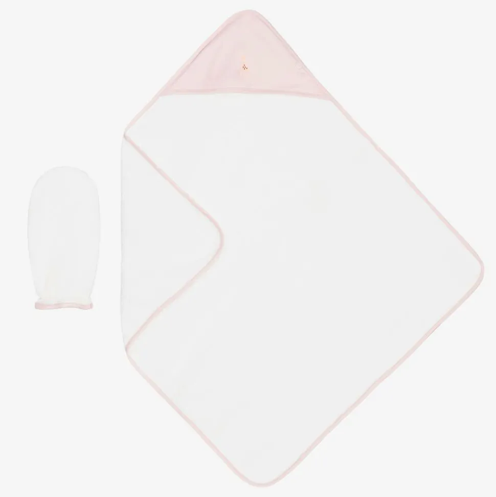 White & Pink Cotton Hooded Towel & Mitt Set