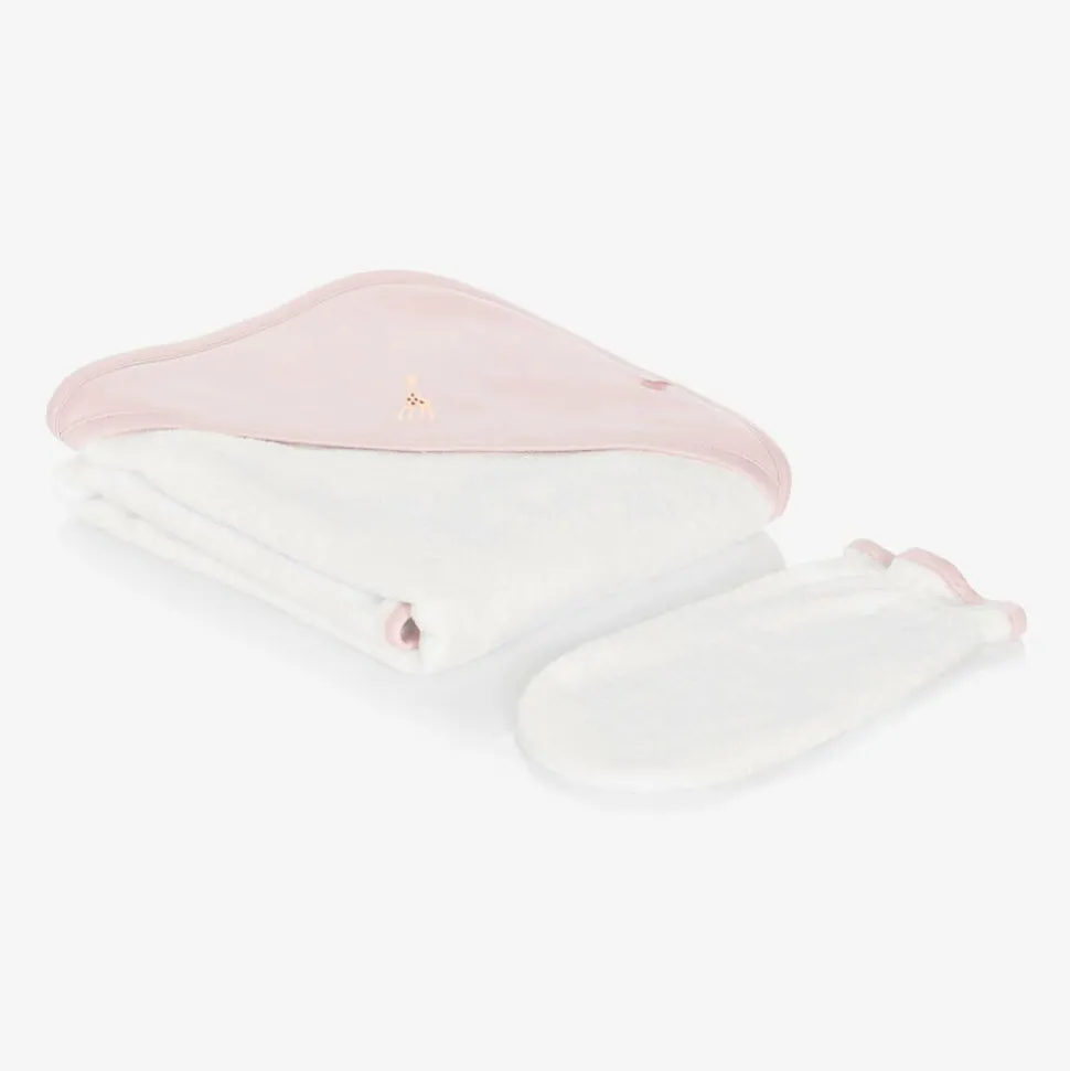 White & Pink Cotton Hooded Towel & Mitt Set
