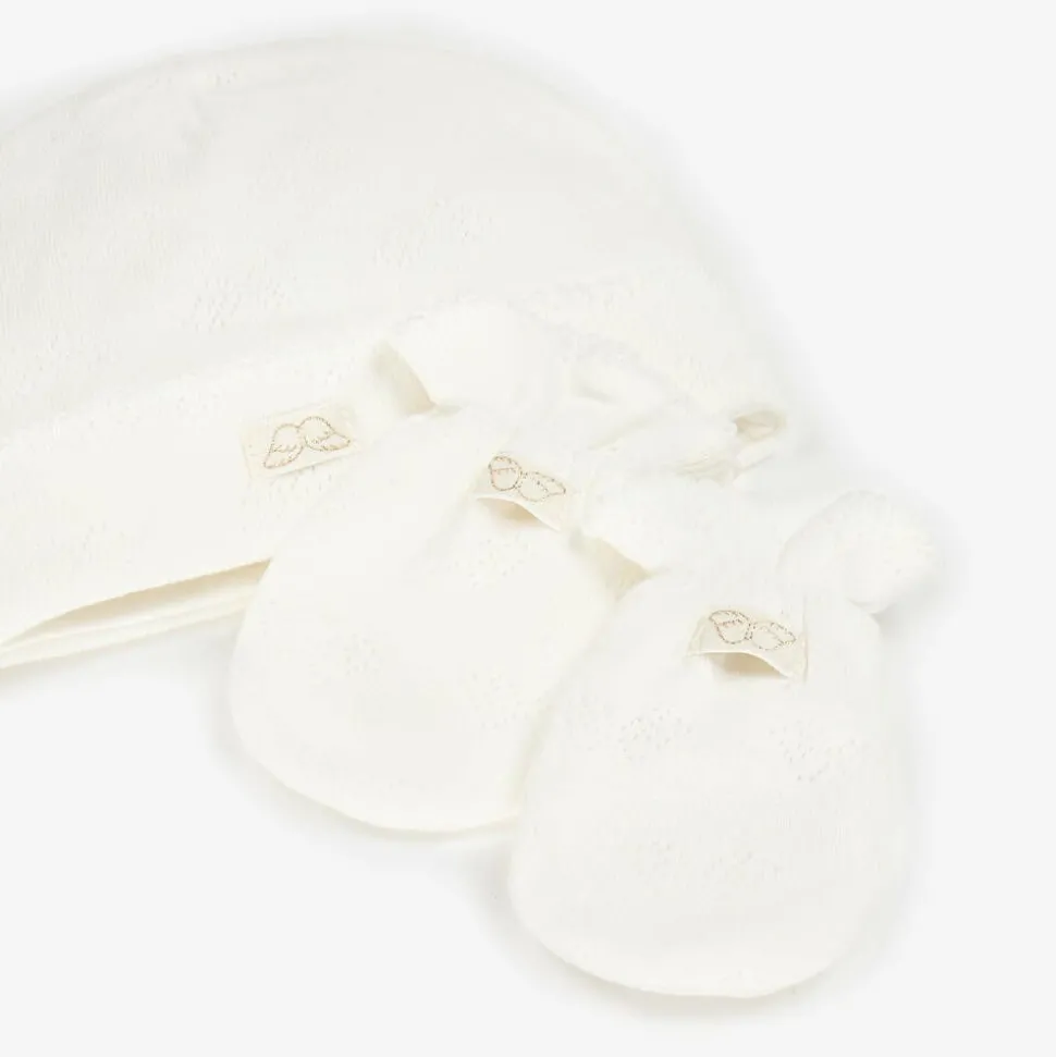 White Cotton Angel Wing Hat & Mittens Set