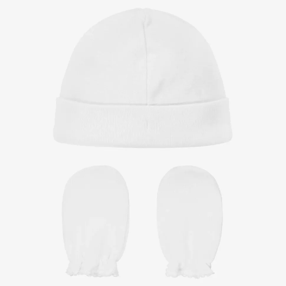 White Cotton Hat & Mittens Set