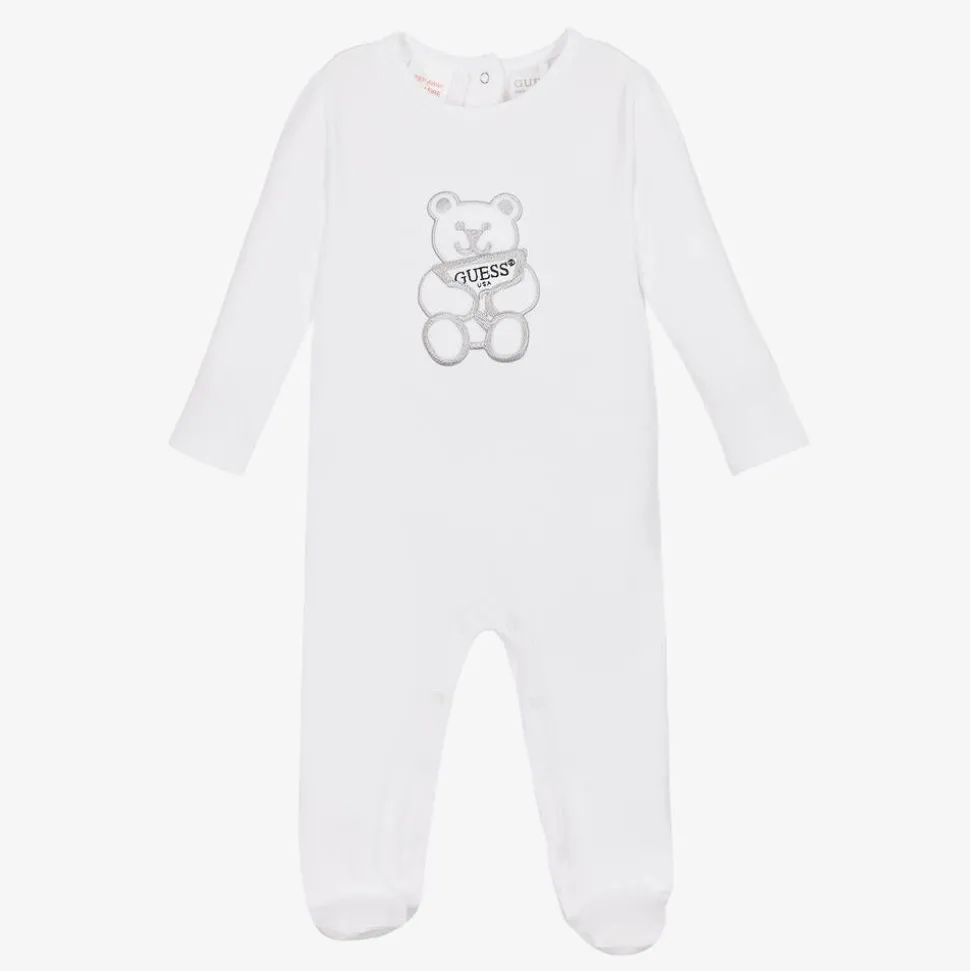 White Embroidered Cotton Bear Babygrow