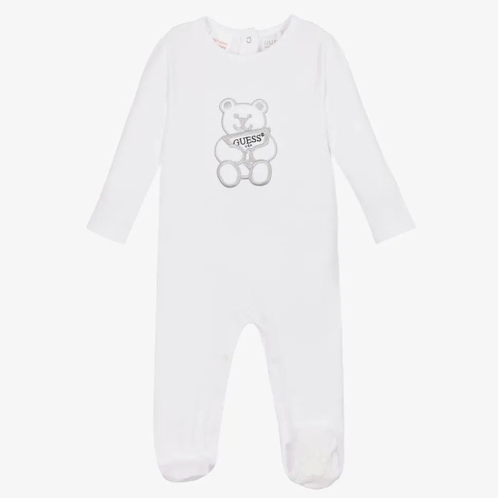 White Embroidered Cotton Bear Babygrow